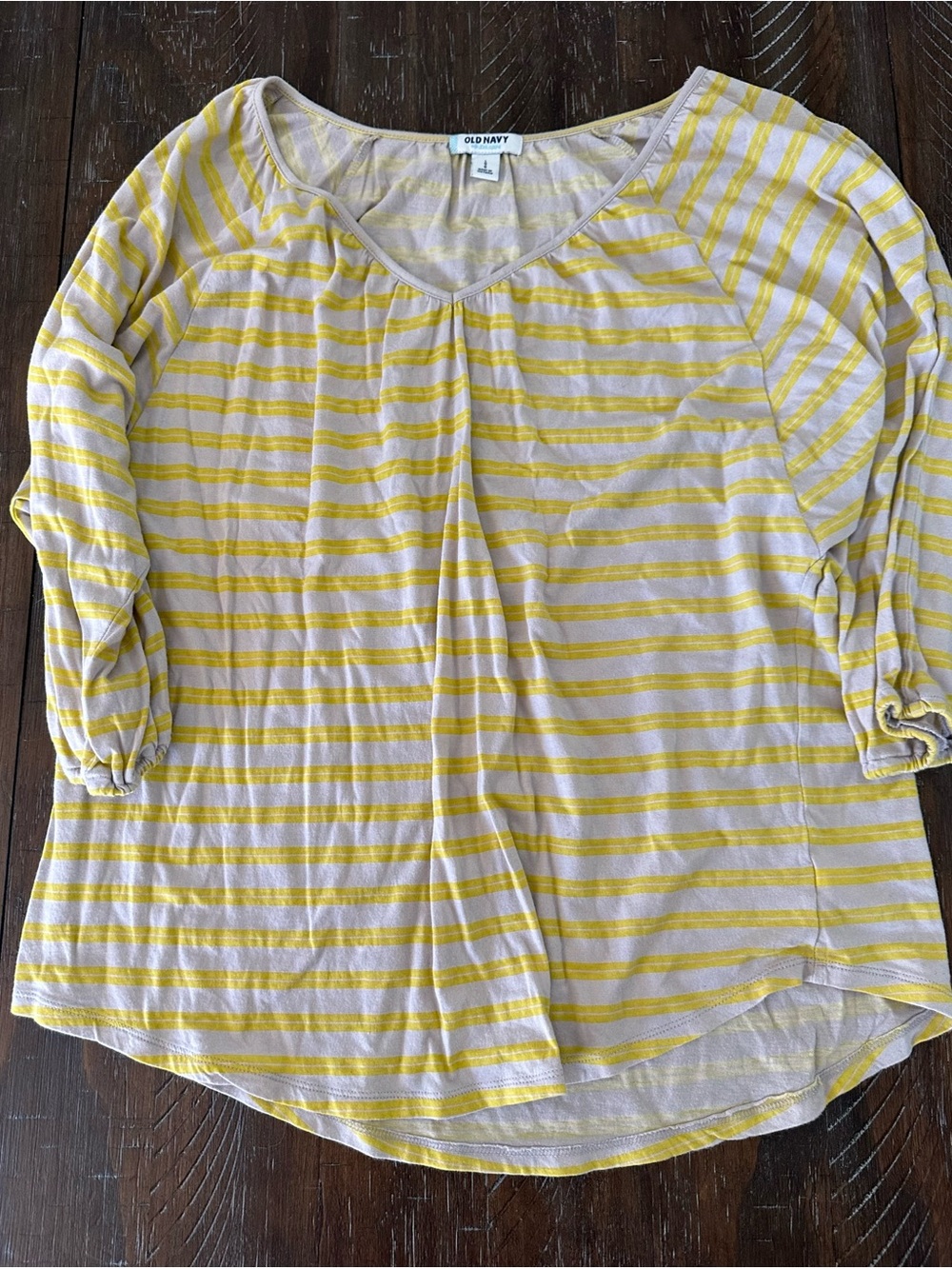 Old Navy Yellow and Gray Striped Women's 3/4 Sleeve V-Neck Top - Size Large